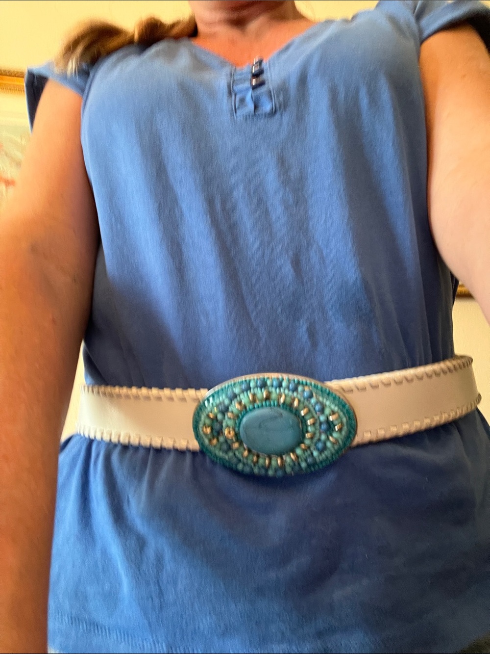 Chico’s White Leather Belt with Turquoise beaded Buckle size 33-38